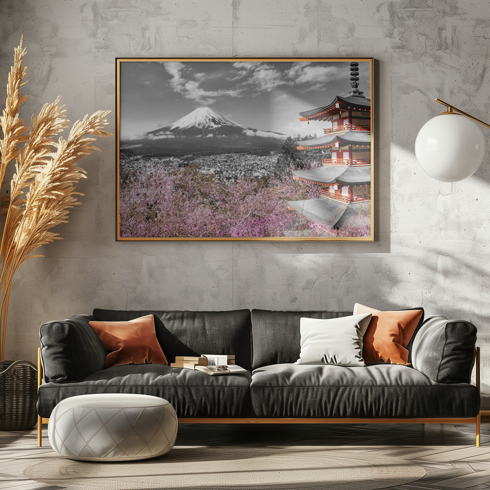 Lovely view of Mount Fuji with Pagoda and Cherry Trees - colorkey Poster