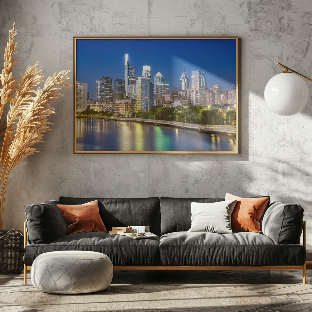 View of downtown Philadelphia from the South Street Bridge in the evening Poster