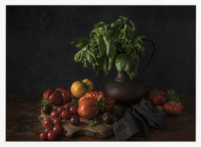 Still life with tomatoes and basil Poster