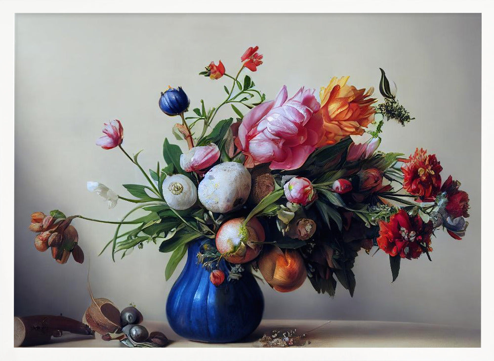 Flower Bouquet With Blue Vase Poster