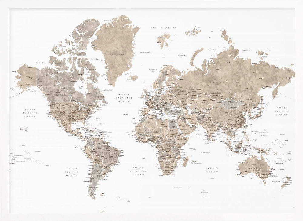 Detailed world map with cities, Abey Poster