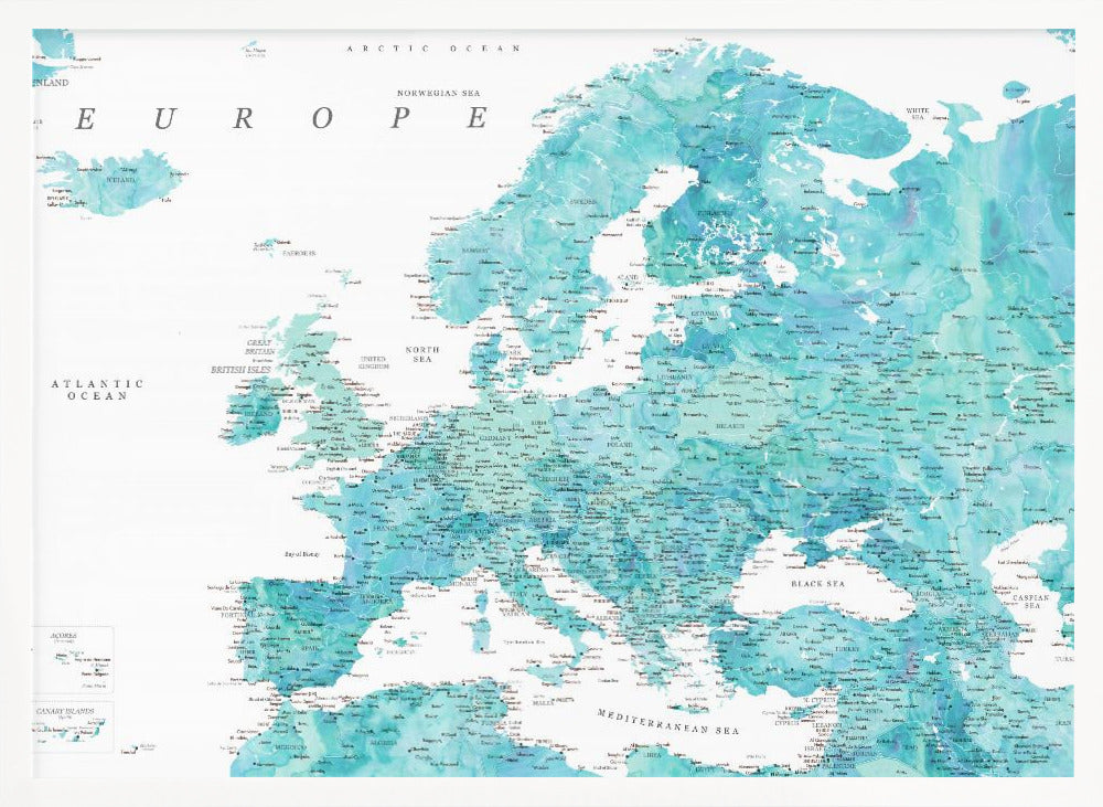 Aquamarine detailed map of Europe Poster