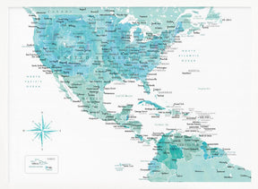 Aquamarine map of USA and Mexico Poster