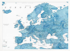 Blue detailed map of Europe Poster