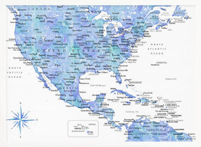 Blue map of USA and the Caribbean sea Poster