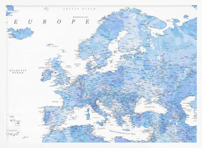 Light blue watercolor detailed map of Europe Poster