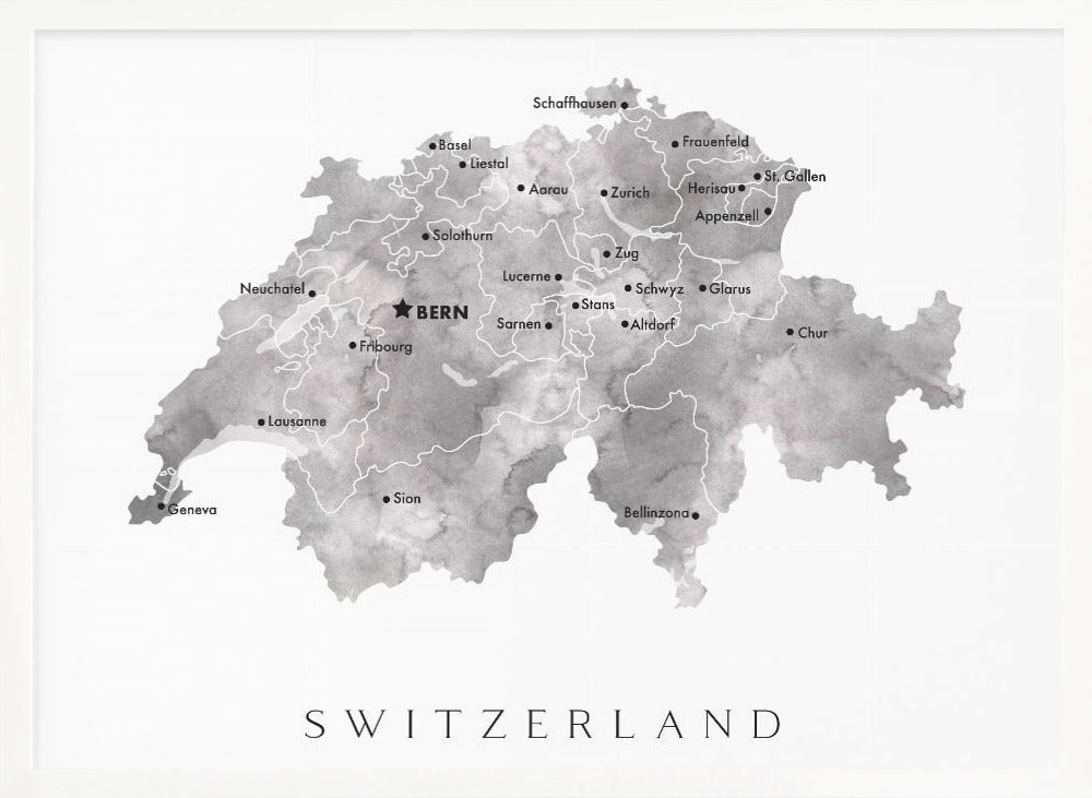 Gray watercolor map of Switzerland Poster