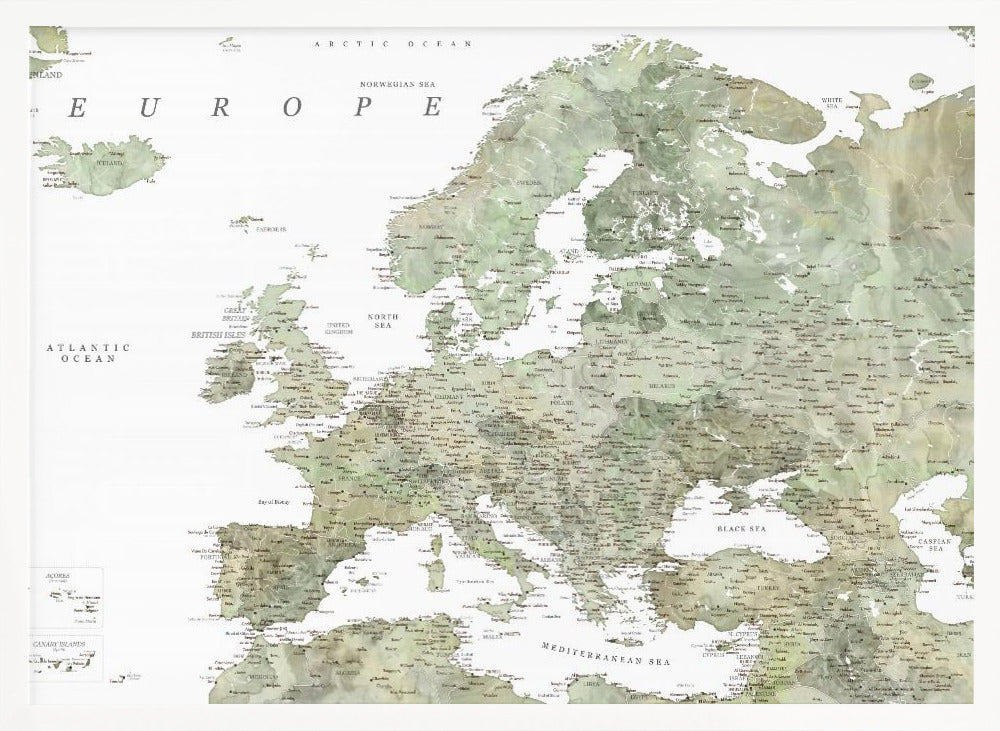 Green detailed map of Europe Poster