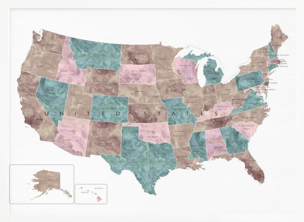 Pink and teal watercolor map of the US Poster