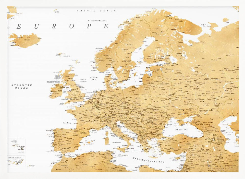 Golden detailed map of Europe Poster