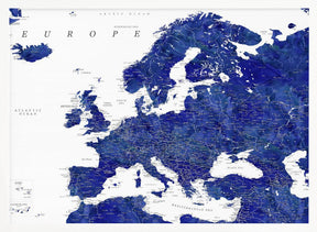 Navy blue detailed map of Europe Poster