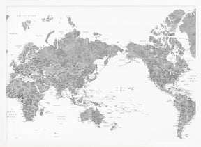 Pacific centered world map in gray watercolor Poster