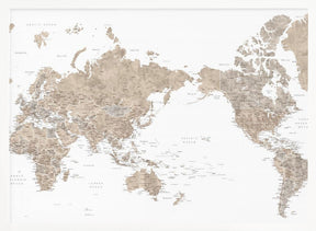 Pacific centered world map in taupe Poster