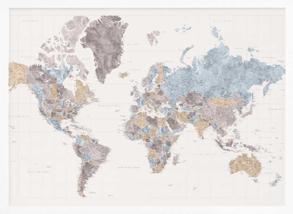 Mahler highly detailed world map with cities Poster