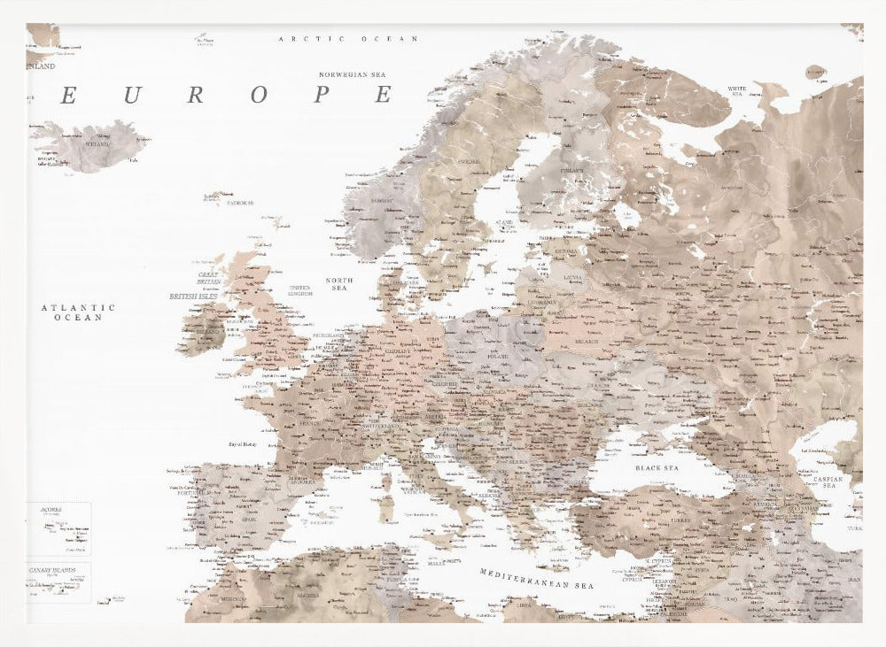 Taupe detailed map of Europe Poster