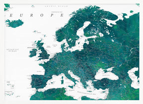 Teal detailed map of Europe Poster