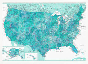 Highly detailed map of the United States, Caribbean waters Poster