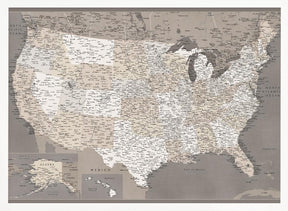 Highly detailed map of the United States, dark taupe Poster