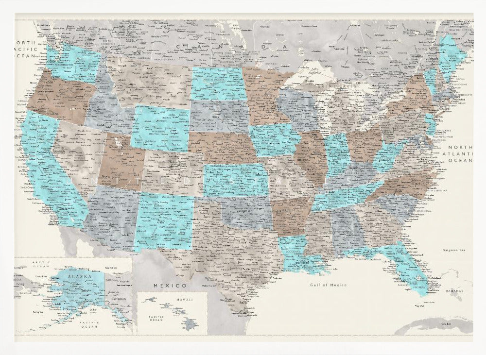 Highly detailed map of the United States, Romy Poster