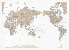 Pacific-centered world map with cities, Abey Poster