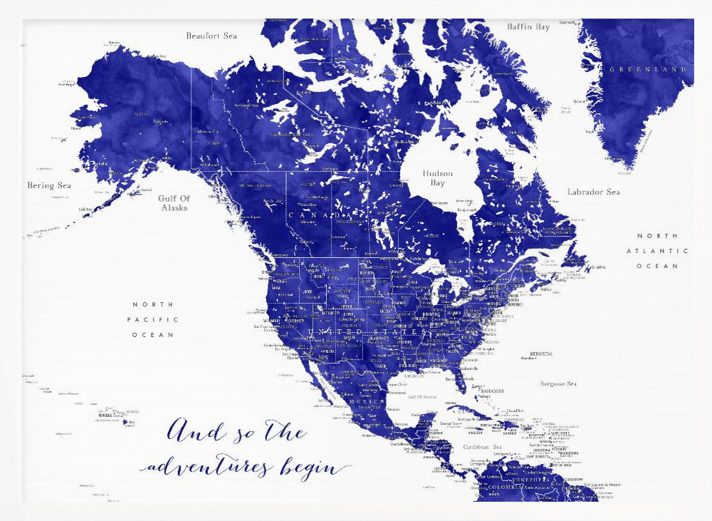 Adventure map of North America in cobalt blue Poster