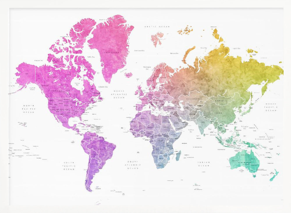 Watercolor world map with countries, Leo Poster