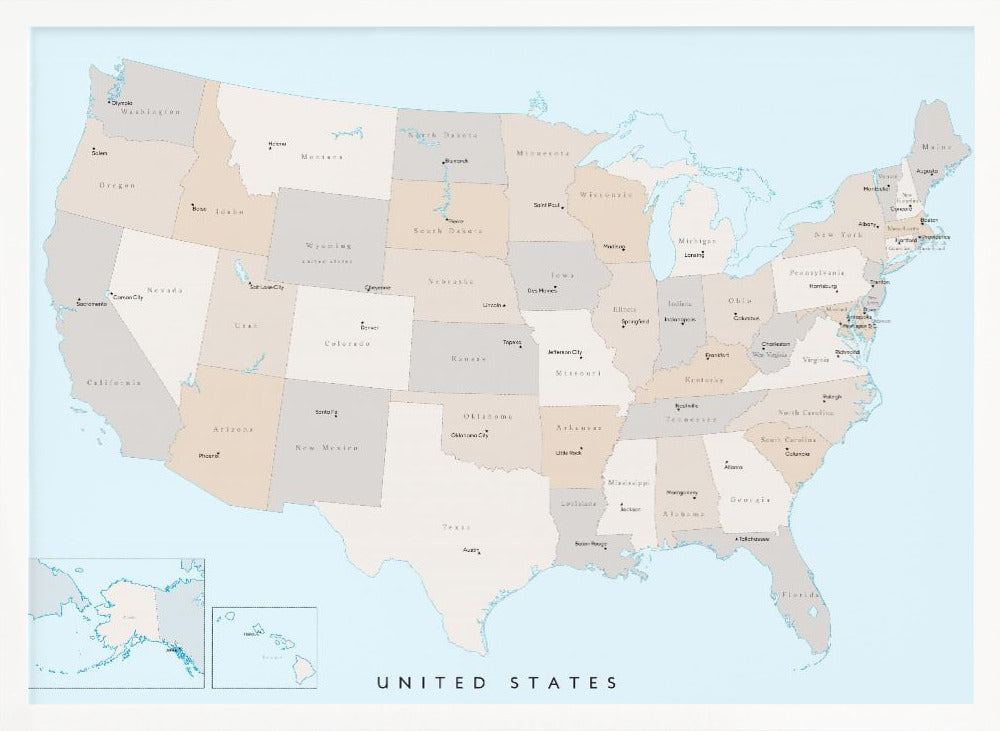 Isolated map of the United States with States and State capitals Poster