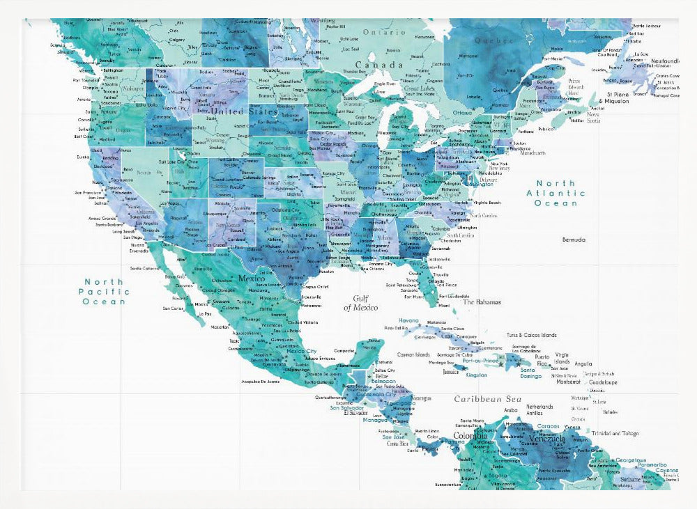 Aqua map of the United States and the Caribbean sea Poster