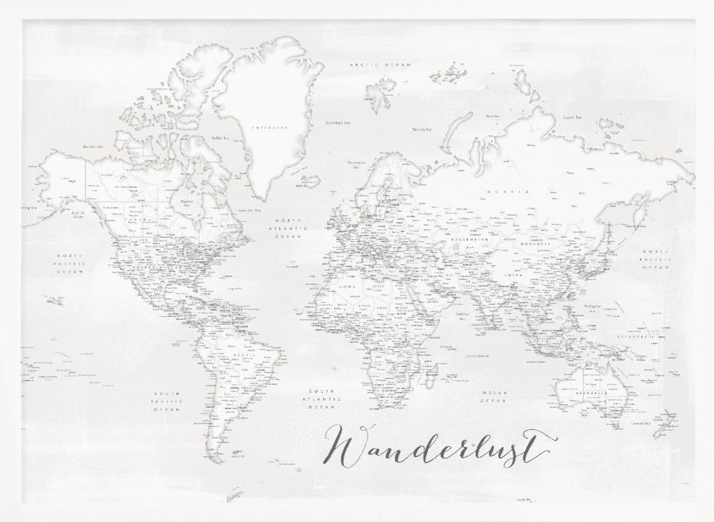 Wanderlust, detailed world map with cities, Maeli white Poster