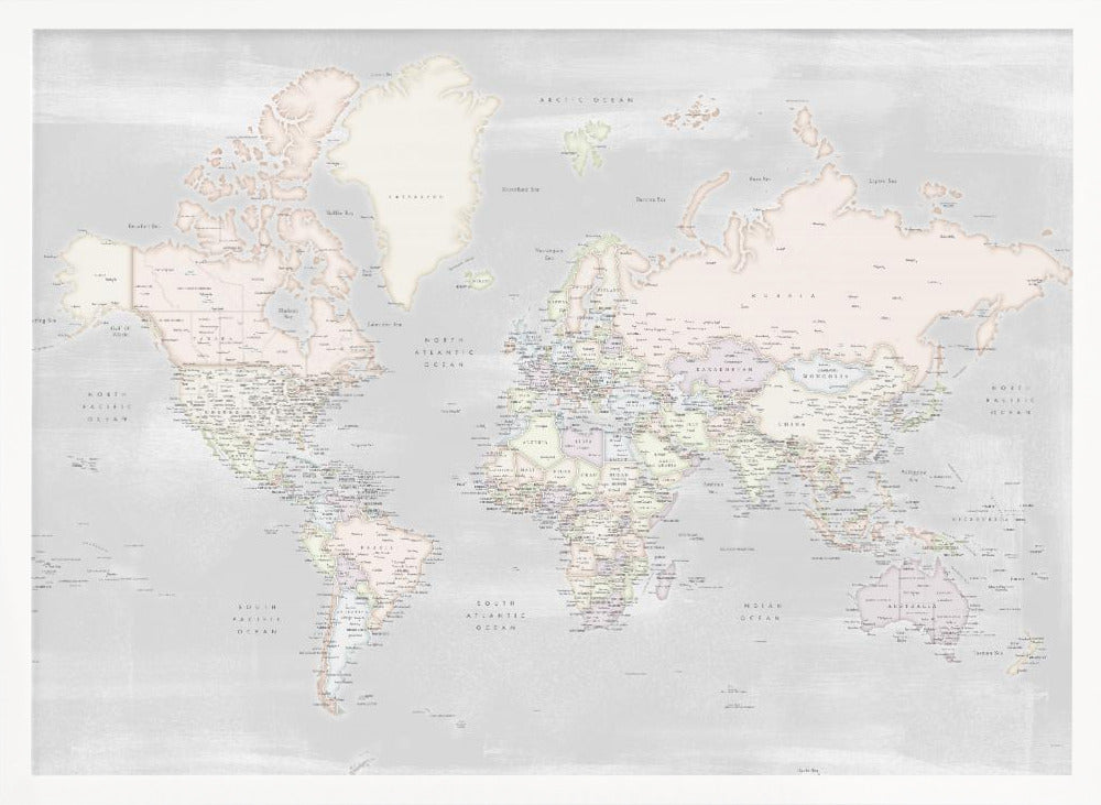 Detailed world map with cities, Maeli pastels Poster