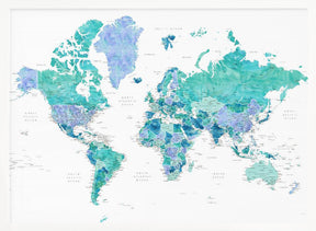 Detailed world map with cities, Caribbean waters Poster