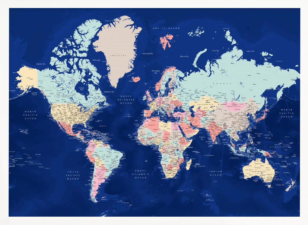 Detailed world map with cities, Powa Poster