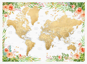 Floral bohemian world map with cities, Blythe Poster