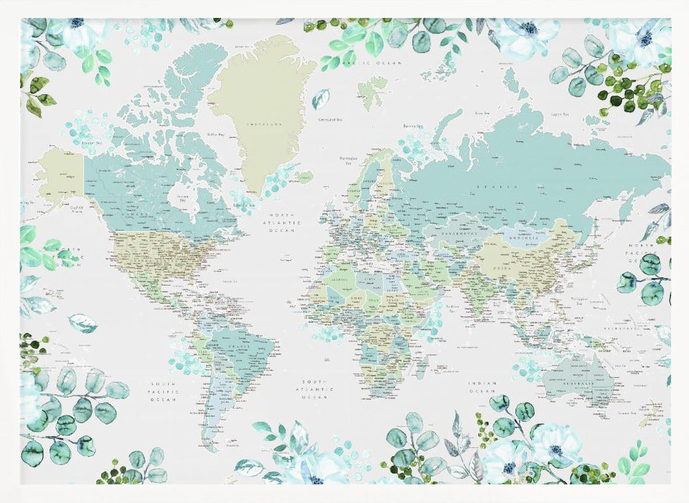 Detailed world map with cities and florals, Marie Poster