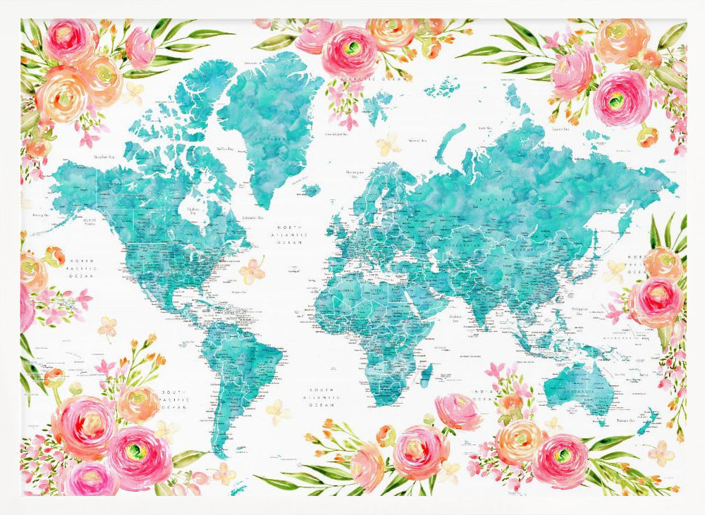 Detailed floral world map with cities, Haven Poster