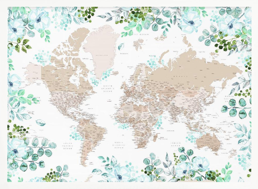 Detailed floral world map with cities, Leanne Poster