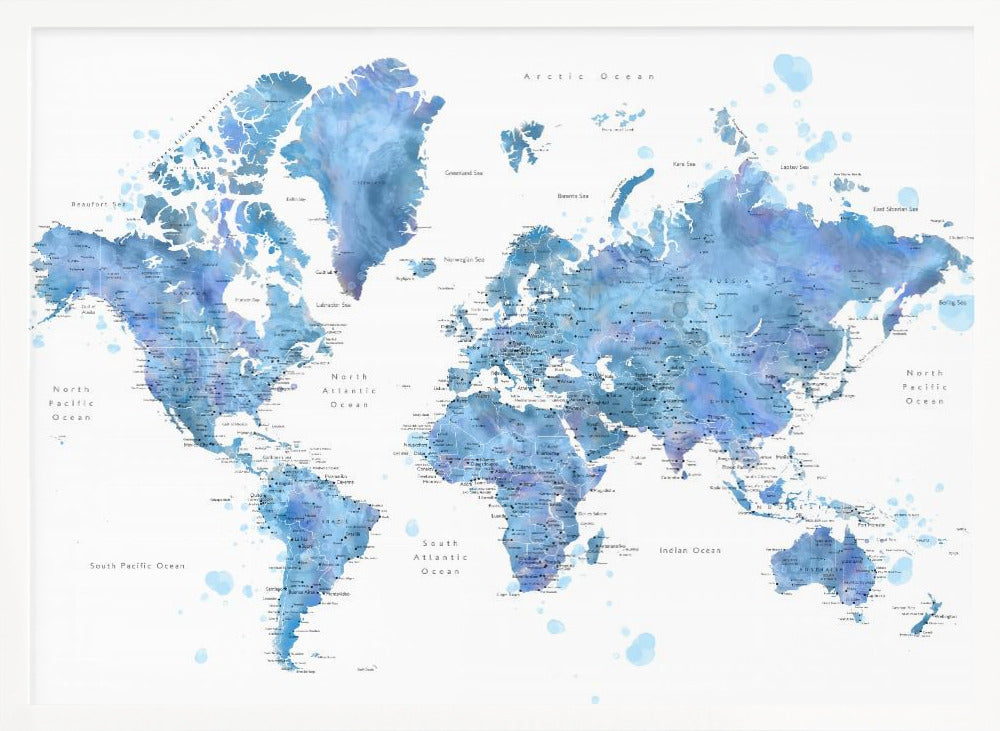 Blue watercolor world map with cities, Simeon Poster