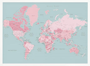 Pink and aqua world map with cities, Isobel Poster