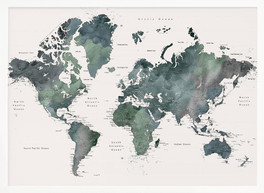 Watercolor world map with cities, Makoa Poster