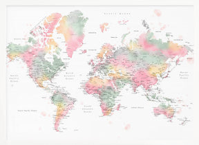 Pastel watercolor world map with cities, Anjah Poster