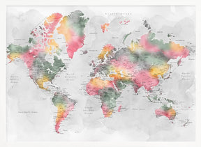 Watercolor world map with cities, Zadie Poster