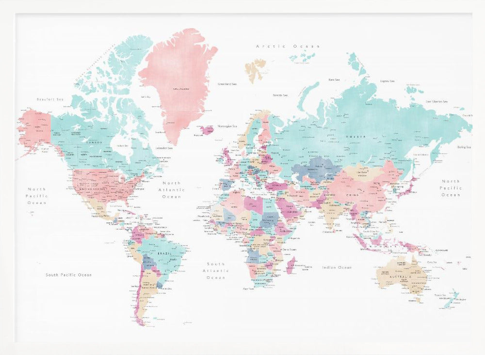 Distressed pastels world map with cities, Carmen Poster