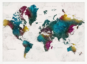 Watercolor world map with cities, Charleena Poster