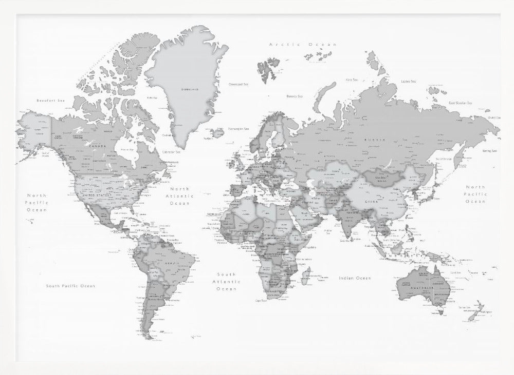 Gray world map with cities, Chas Poster