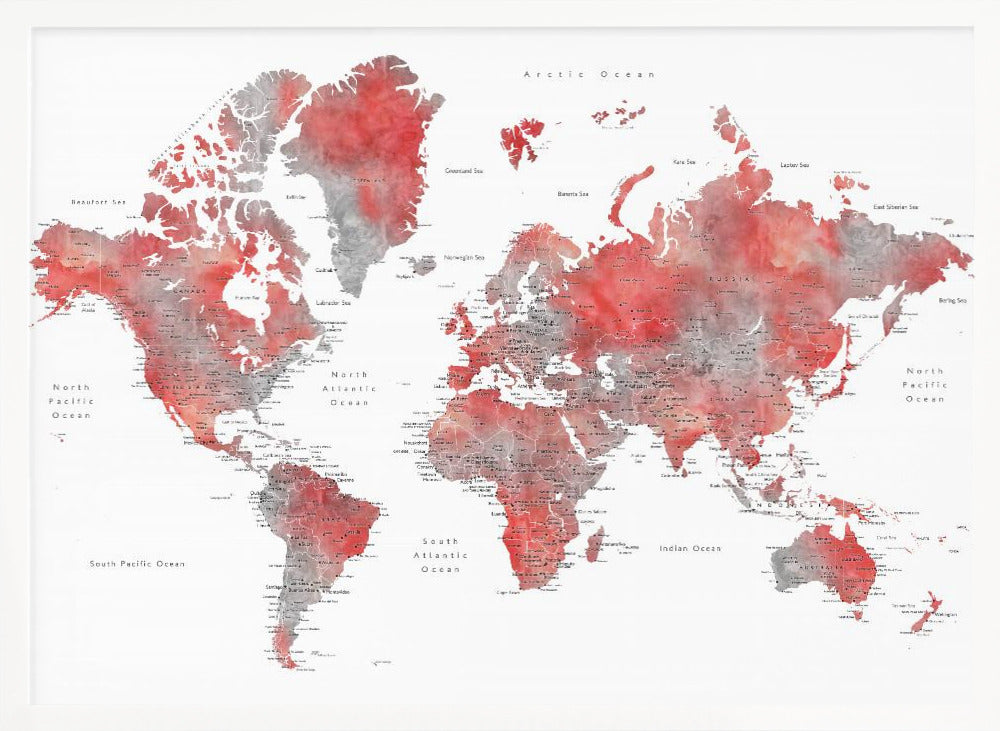 Red world map with cities, Lyssah Poster