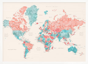 Watercolor world map with cities, Charlotte Poster