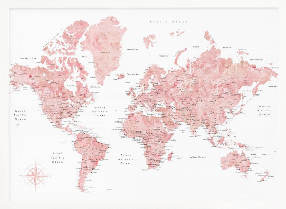 Pink watercolor world map with cities, Alheli Poster