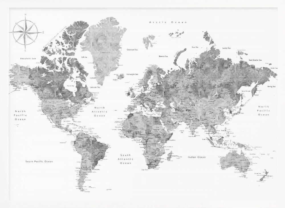 Grayscale watercolor world map with cities, Rylan Poster