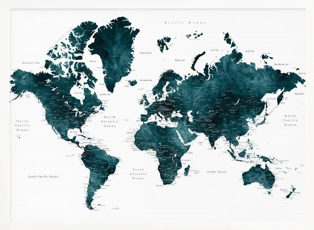 Dark teal world map with cities, Makani Poster