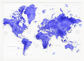 Watercolor world map with cities, Uyen Poster